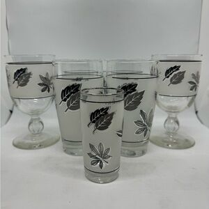 Vintage MCM Libbey Frosted Silver Leaf Glasses Set of 7